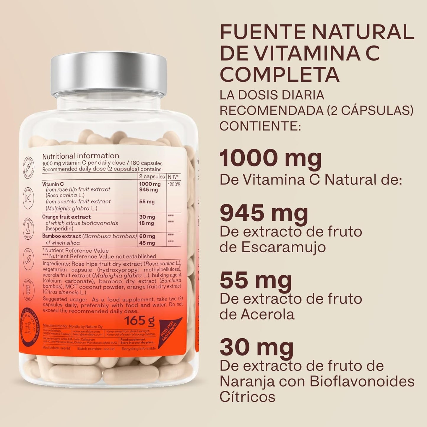Vitamina C 1000 Mg - Vitamina C Natural - Con Flavonoides De Fruta Cítrica Y Acerola - Por Dosis Diaria (2 Cápsulas) - 180 Cápsulas De Vitamina C Pura Altamente Concentrada- Vegano Y Sin Gluten