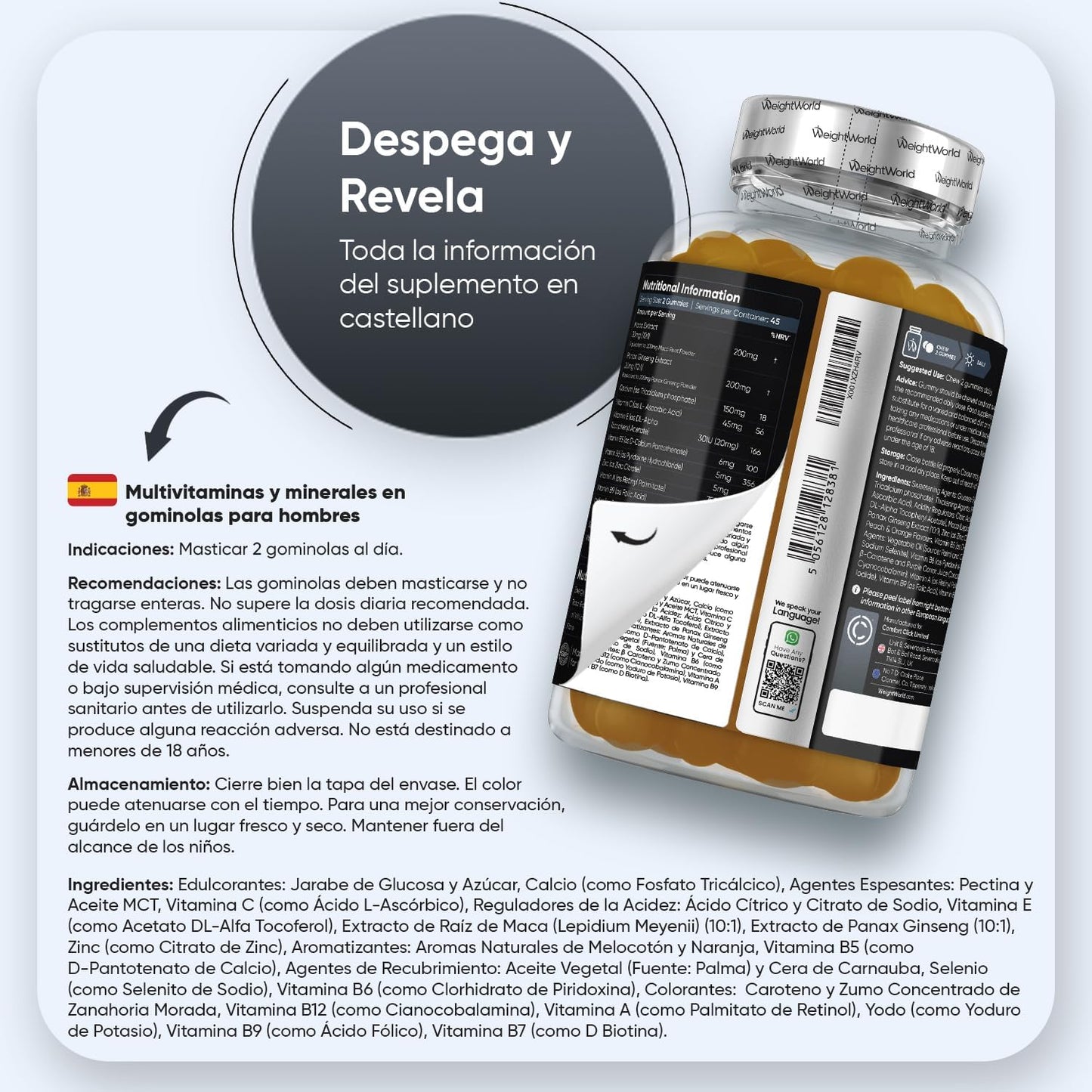 Multivitamínico Hombre Con Minerales - 90 Gominolas Sabor Melocotón Y Naranja - 14 Nutrientes Esenciales - Men Complex De Vitaminas B, Vitamina C, Calcio, Zinc Maca Y Biotina - Vegano Y Sin Gluten