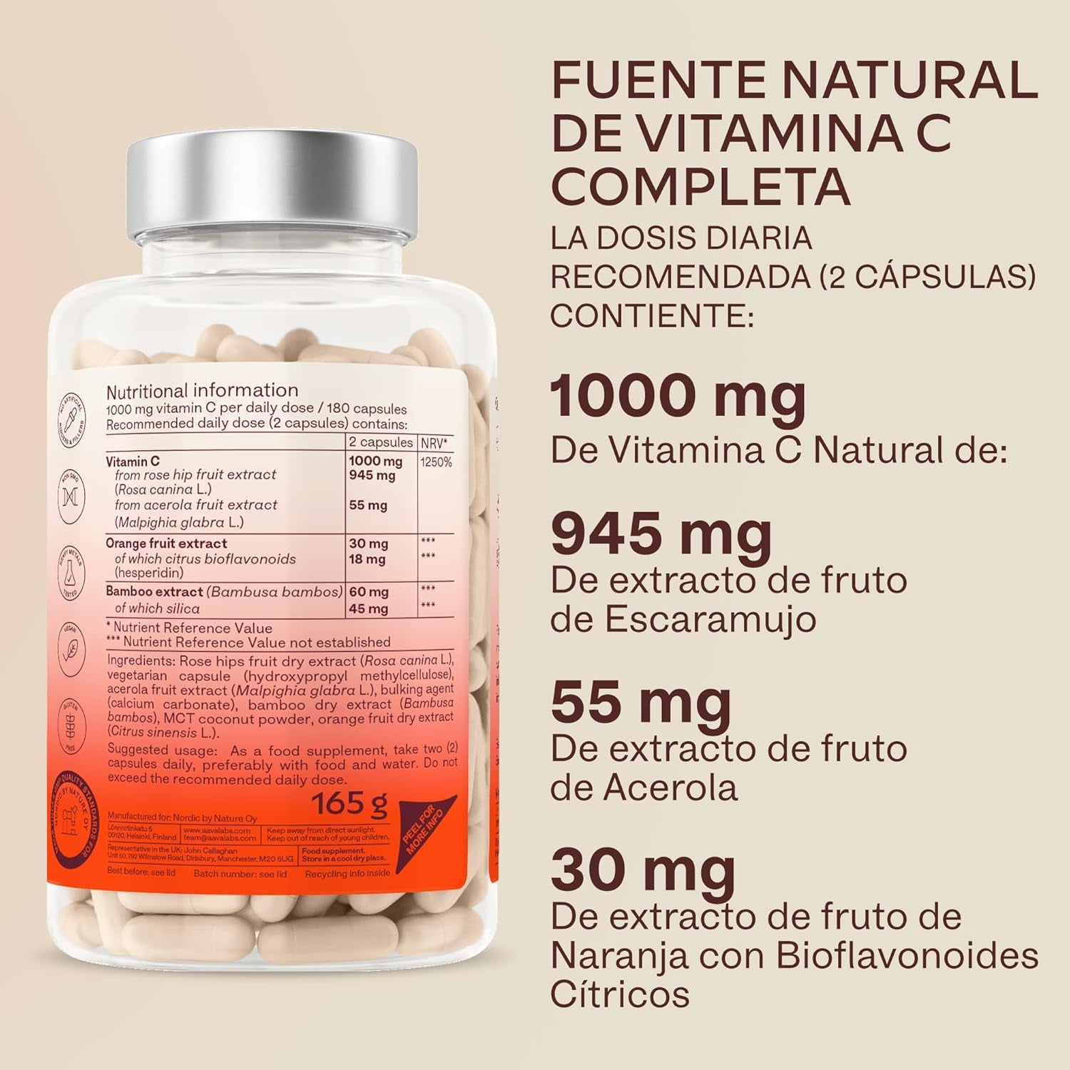 Vitamina C 1000 Mg - Vitamina C Natural - Con Flavonoides De Fruta Cítrica Y Acerola - Por Dosis Diaria (2 Cápsulas) - 180 Cápsulas De Vitamina C Pura Altamente Concentrada- Vegano Y Sin Gluten