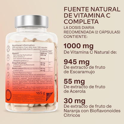 Vitamina C 1000 Mg - Vitamina C Natural - Con Flavonoides De Fruta Cítrica Y Acerola - Por Dosis Diaria (2 Cápsulas) - 180 Cápsulas De Vitamina C Pura Altamente Concentrada- Vegano Y Sin Gluten