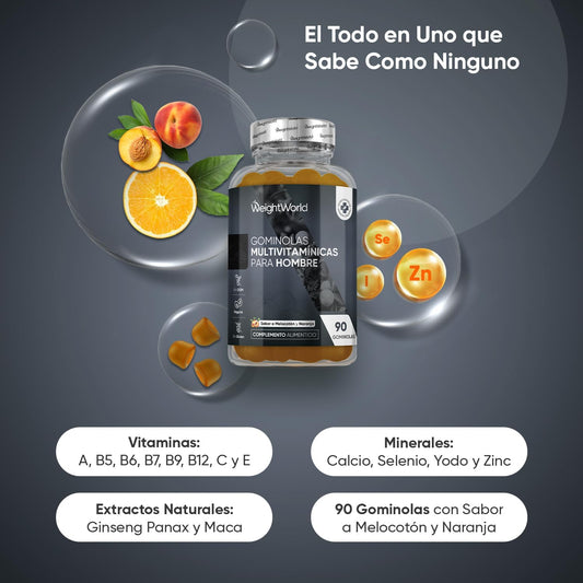 Multivitamínico Hombre Con Minerales - 90 Gominolas Sabor Melocotón Y Naranja - 14 Nutrientes Esenciales - Men Complex De Vitaminas B, Vitamina C, Calcio, Zinc Maca Y Biotina - Vegano Y Sin Gluten