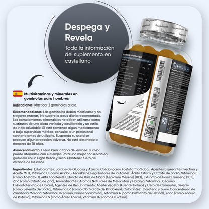 Multivitamínico Hombre Con Minerales - 90 Gominolas Sabor Melocotón Y Naranja - 14 Nutrientes Esenciales - Men Complex De Vitaminas B, Vitamina C, Calcio, Zinc Maca Y Biotina - Vegano Y Sin Gluten